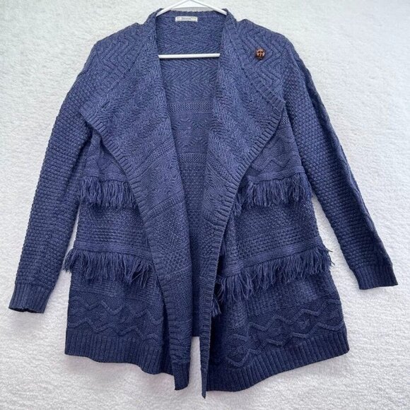 Mayoral Womens Cardigan Sweater Size 14 Navy Blue Fringe Multi Stitch Design - Picture 7 of 10